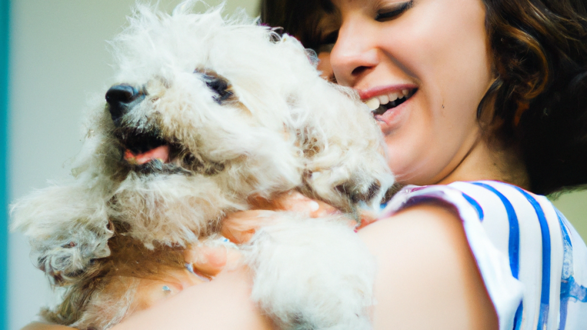 Happy dog owner holding her cute dog