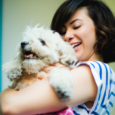 Happy dog owner holding her cute dog