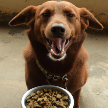 brown happy dog with its food